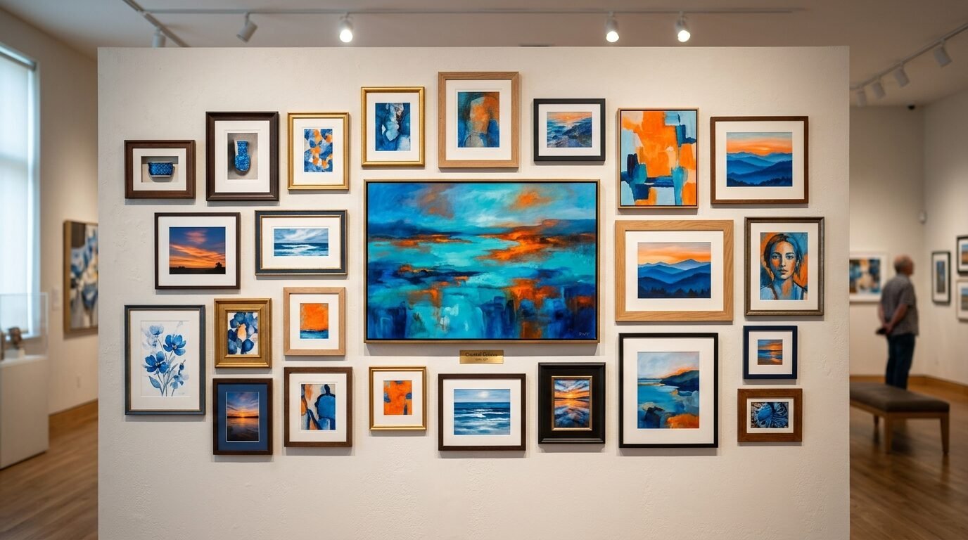 A large white wall in a gallery covered with a collection of framed landscape and abstract paintings.