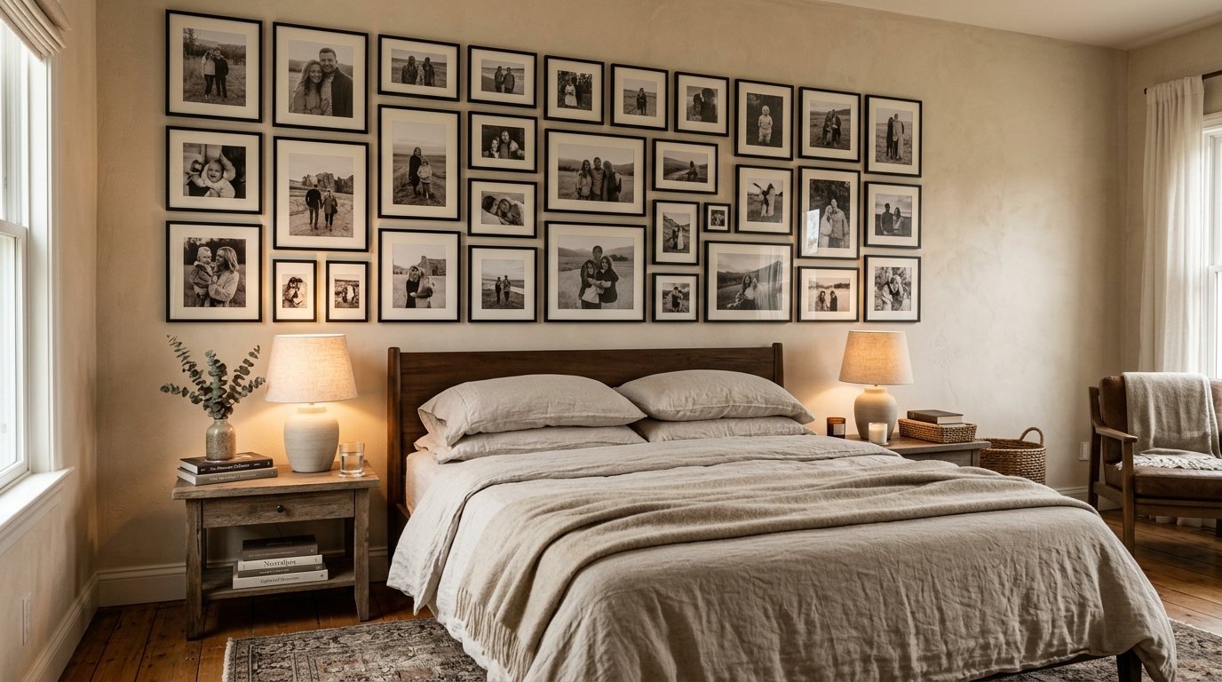 Large collection of framed black and white portraits displayed above a neutral linen bed in a cozy bedroom.