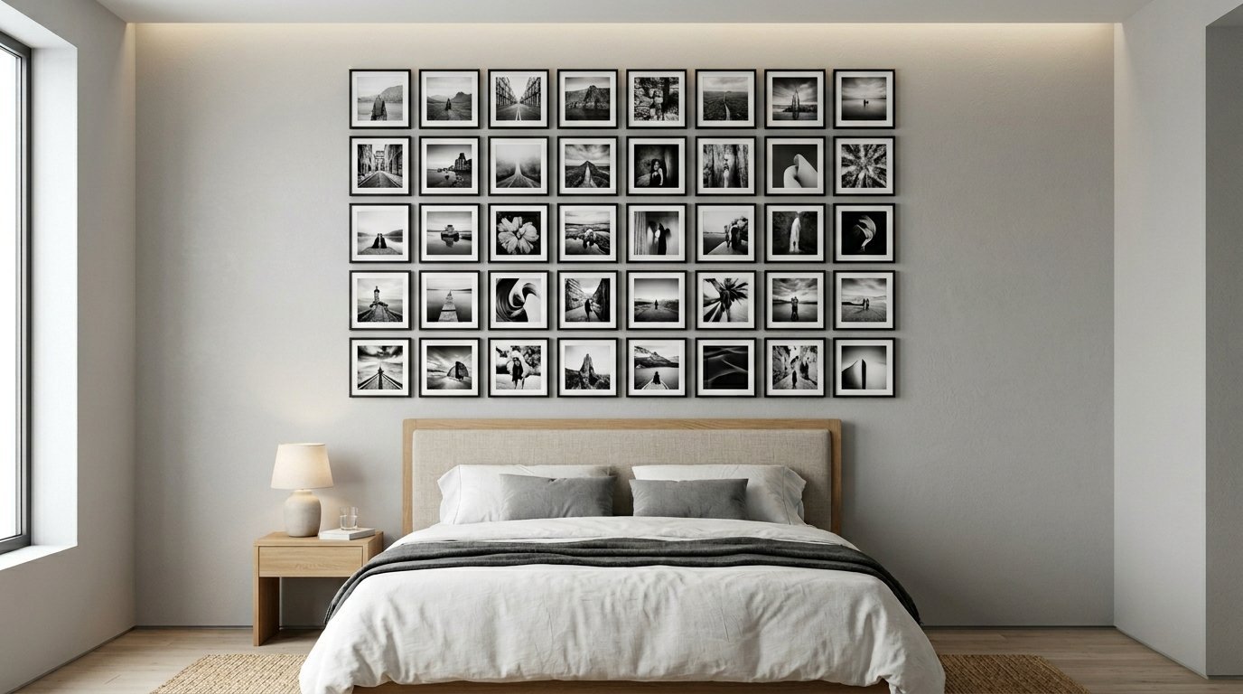 A bedroom wall featuring a symmetrical gallery display of forty framed monochrome nature and landscape photos.