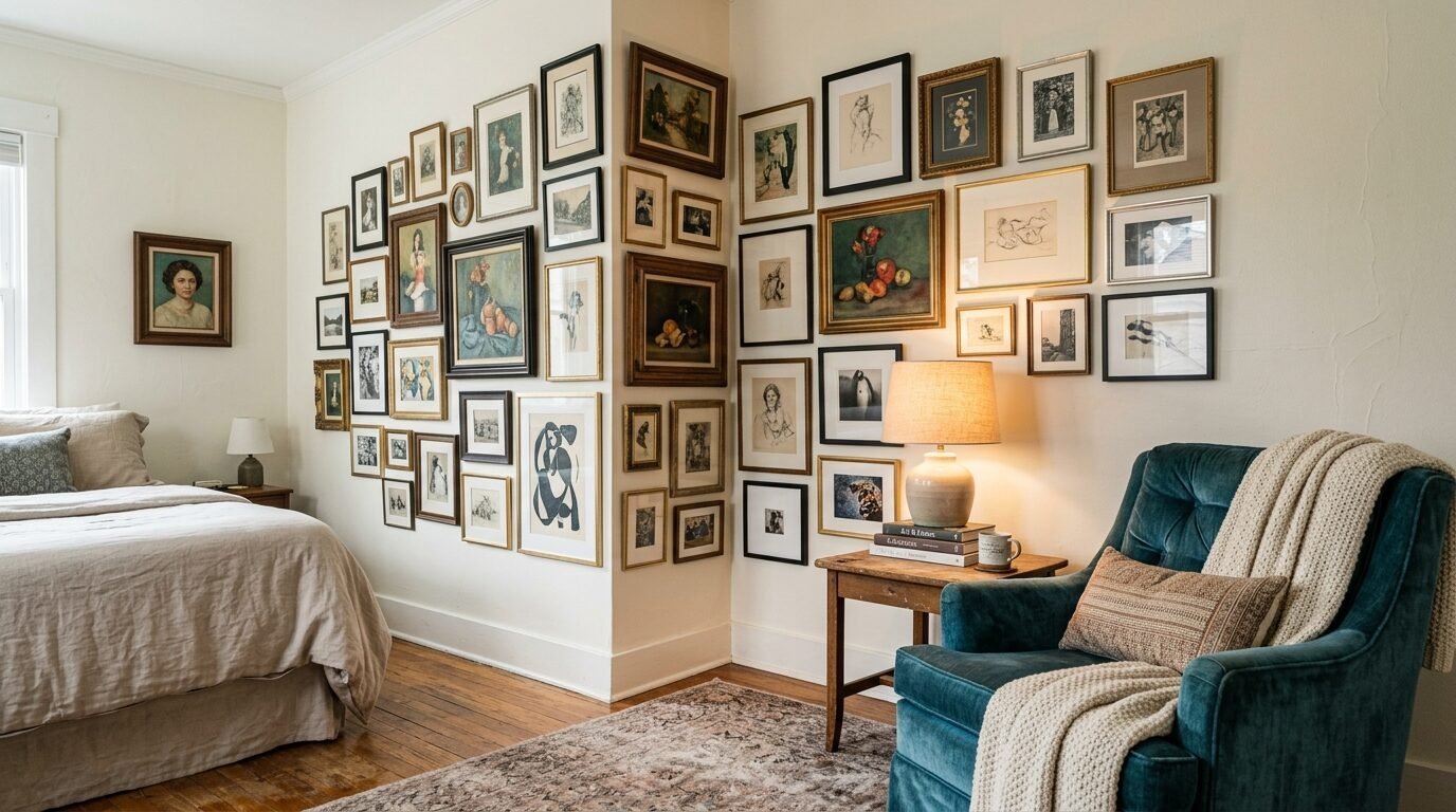 Bedroom corner with a large wall gallery of framed artwork above a teal velvet armchair and bedside lamp.