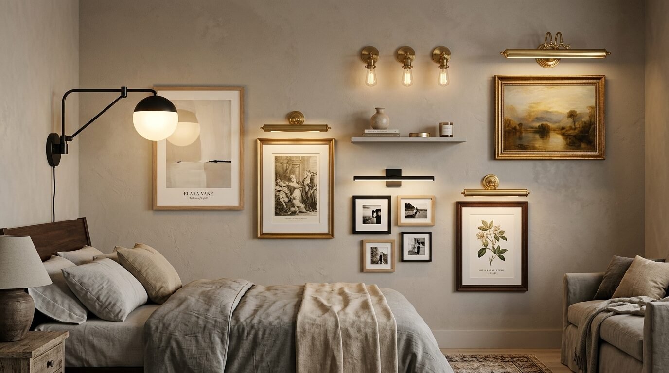 A bedroom wall decorated with framed art, picture lights, a small shelf, and a modern swing-arm bedside lamp.
