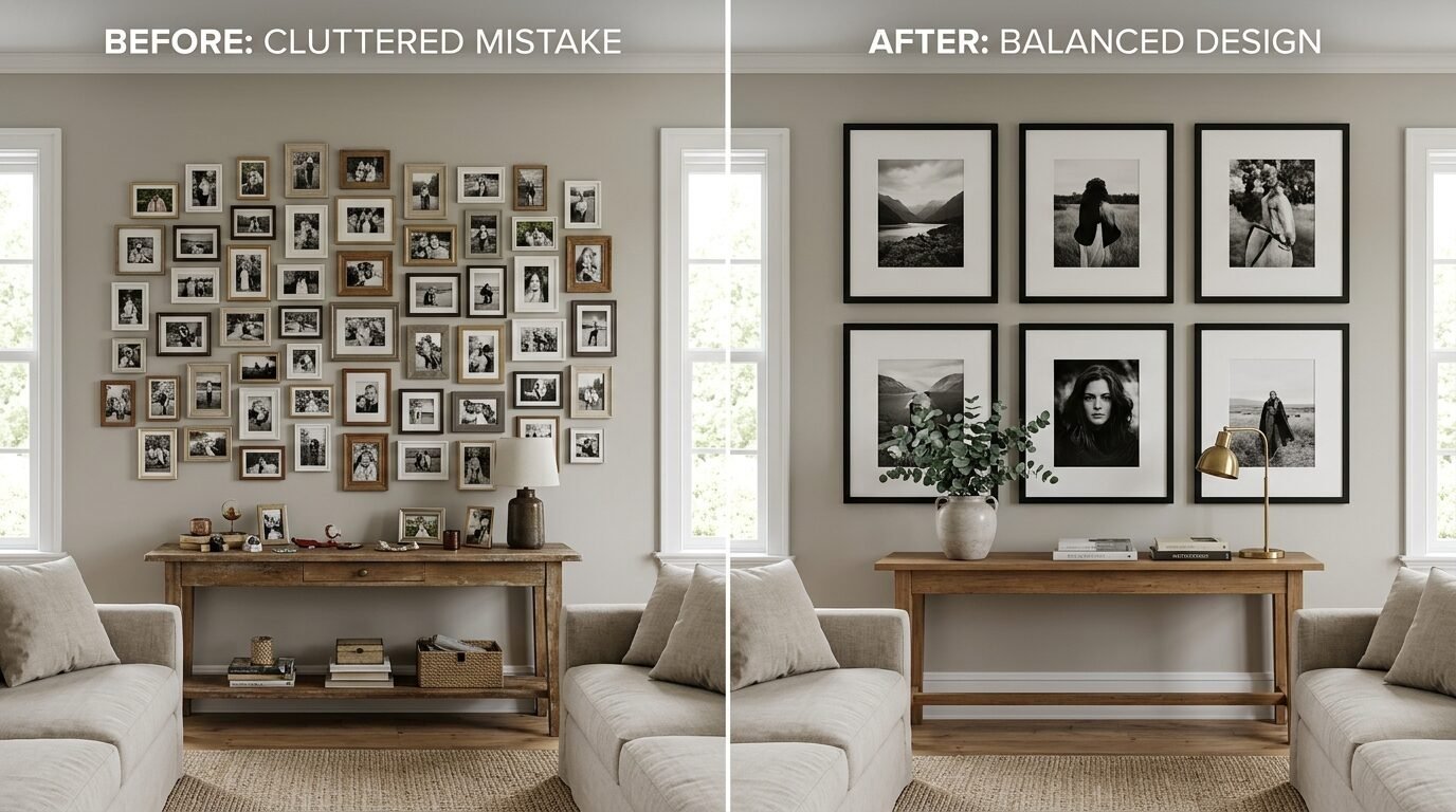Split screen image comparing a messy, cluttered gallery wall with a clean, organized six-frame wall arrangement.