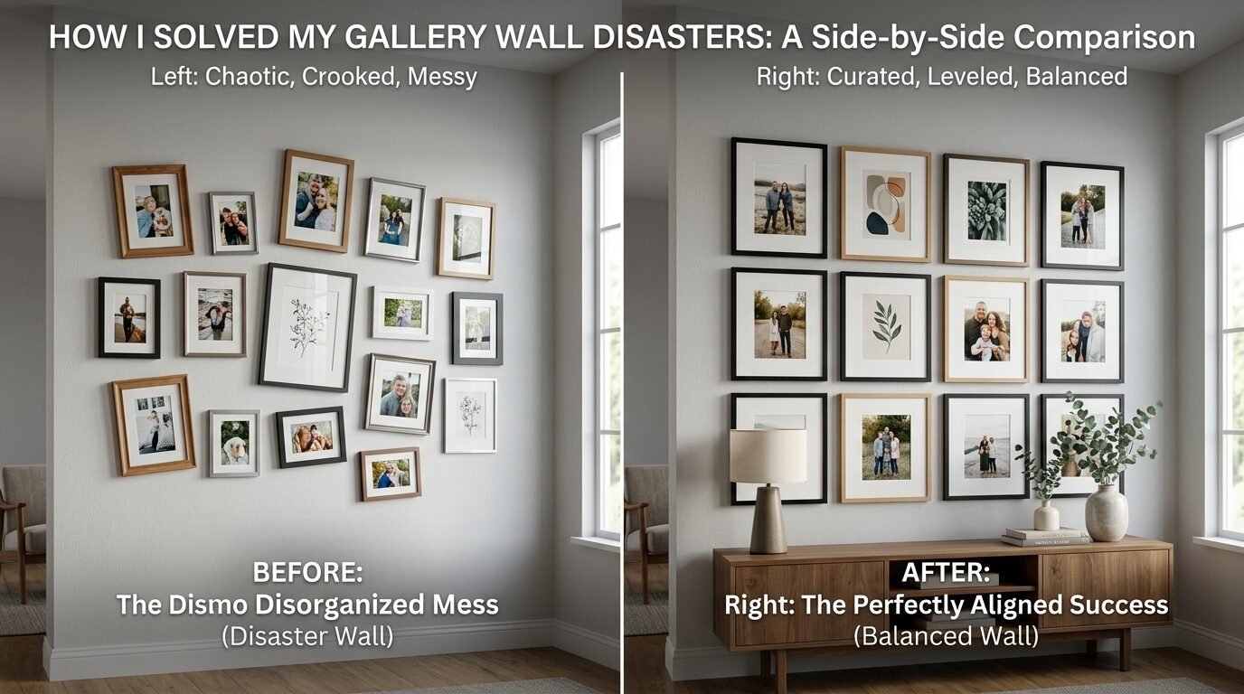 Split screen showing disorganized photo frames on the left and a neat, grid-aligned gallery wall on the right.