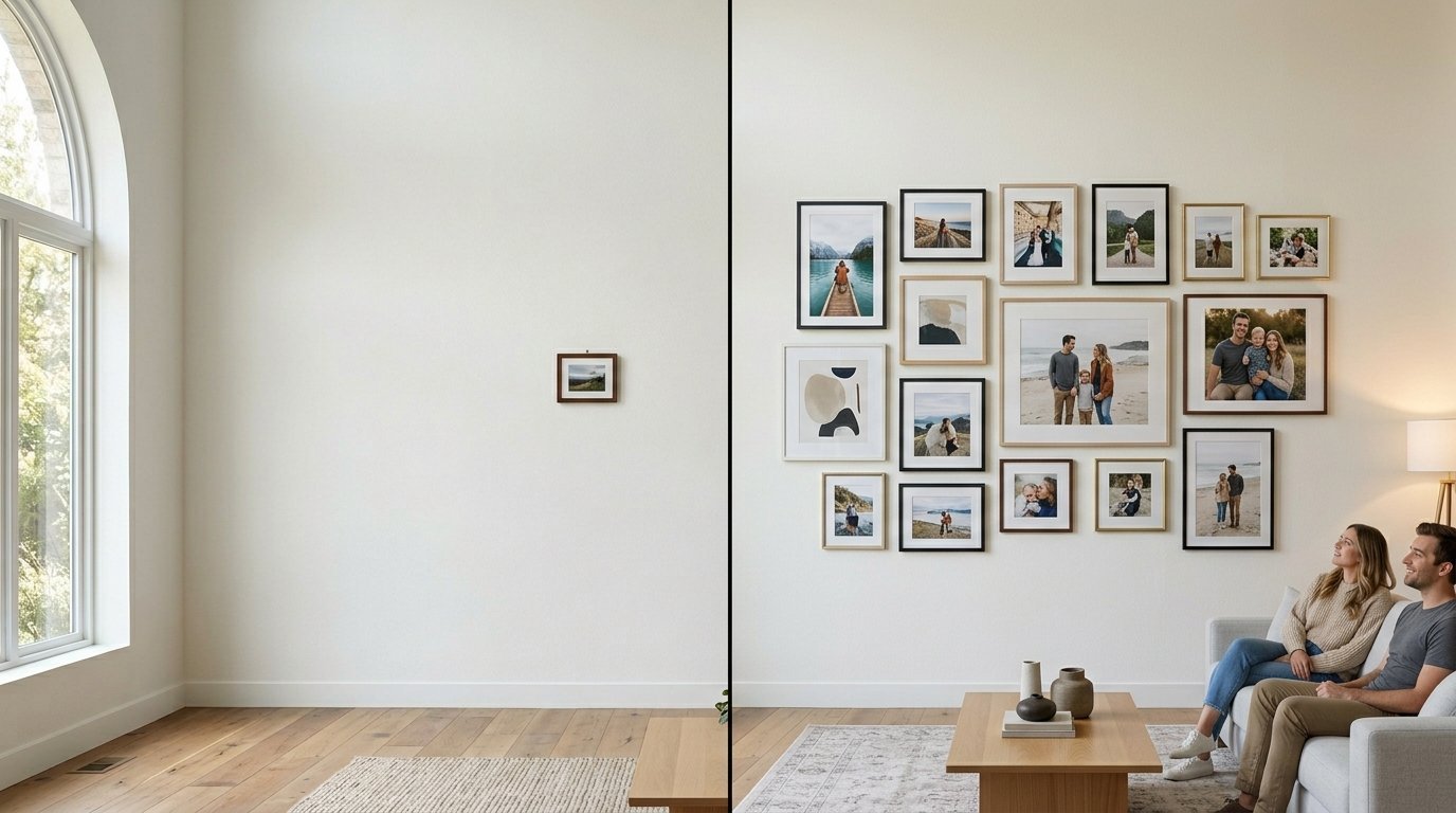 Comparison showing a single small frame versus a full gallery wall of family photos behind a seated couple.