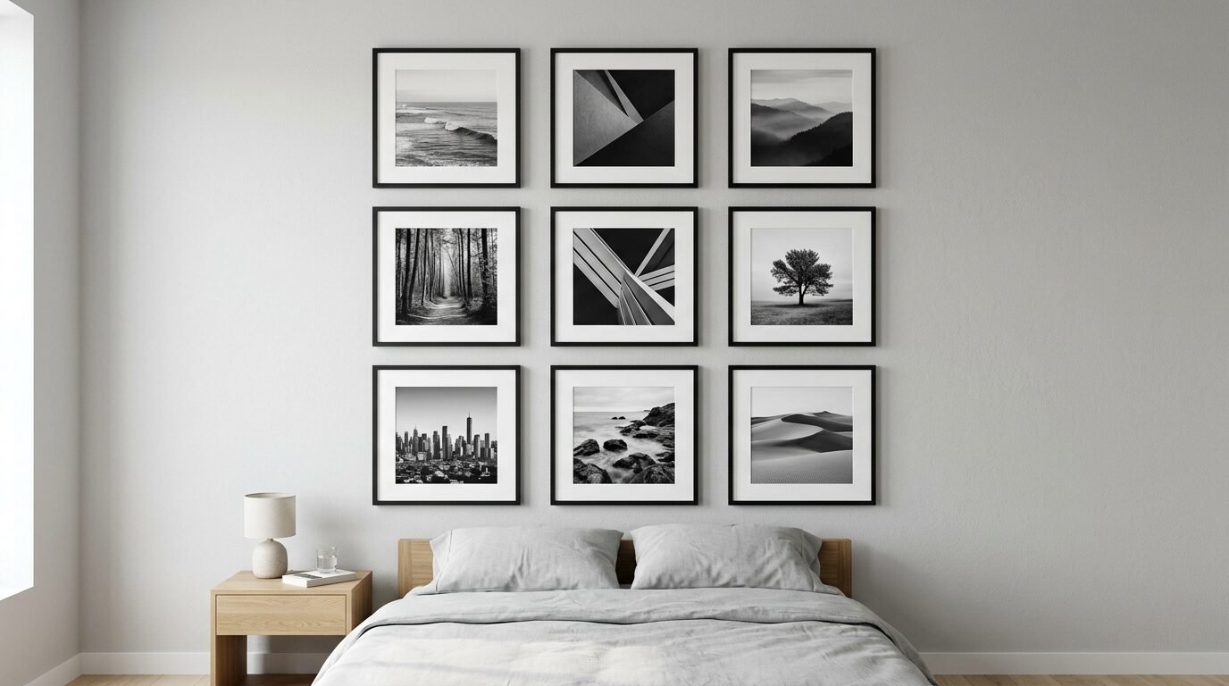 Nine black and white square framed nature and architectural photos arranged in a symmetrical square gallery wall.