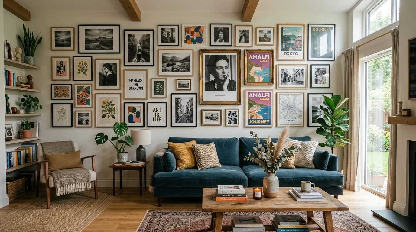 Blue sofa centered in a sunlit living room with a dense gallery wall displaying varied art prints and framed photos.