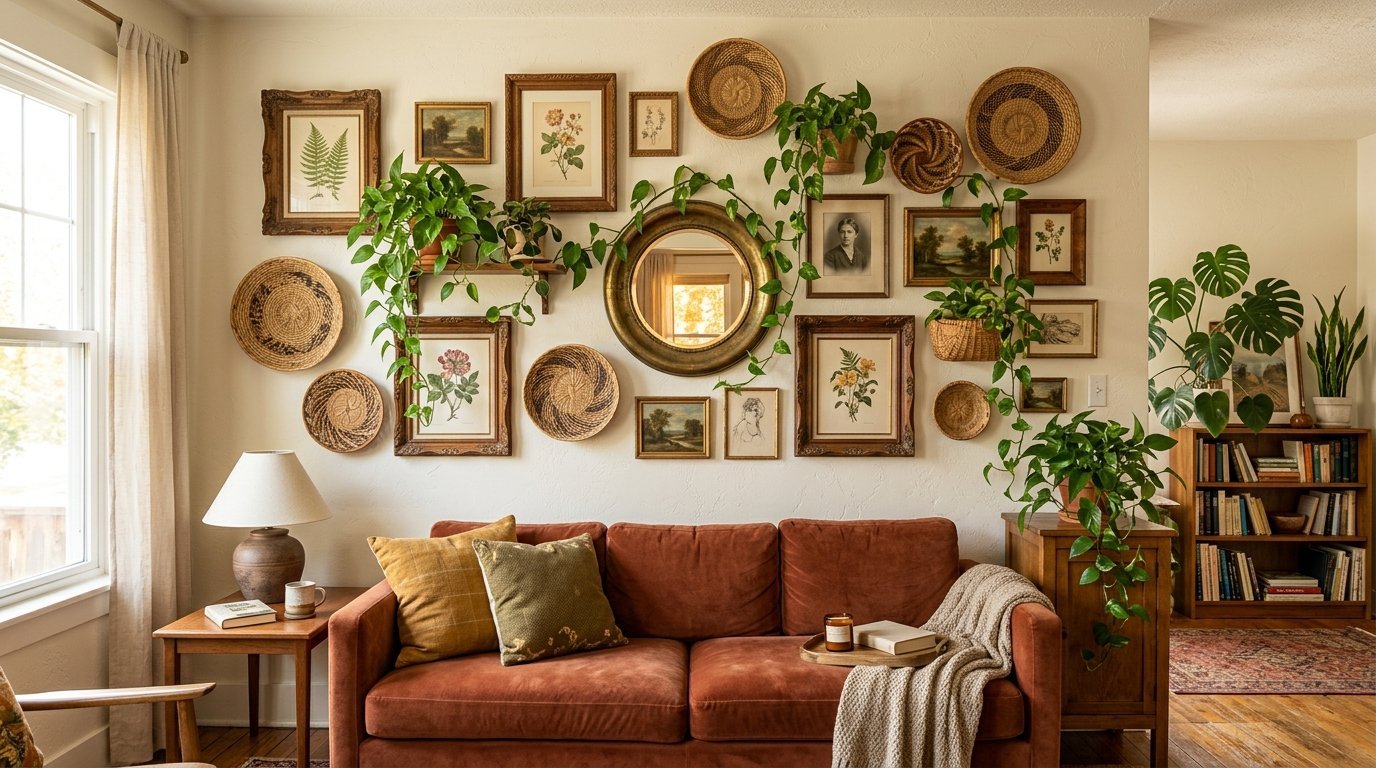 A rustic living room featuring a gallery wall of framed art, woven baskets, and trailing plants above a burnt orange couch.