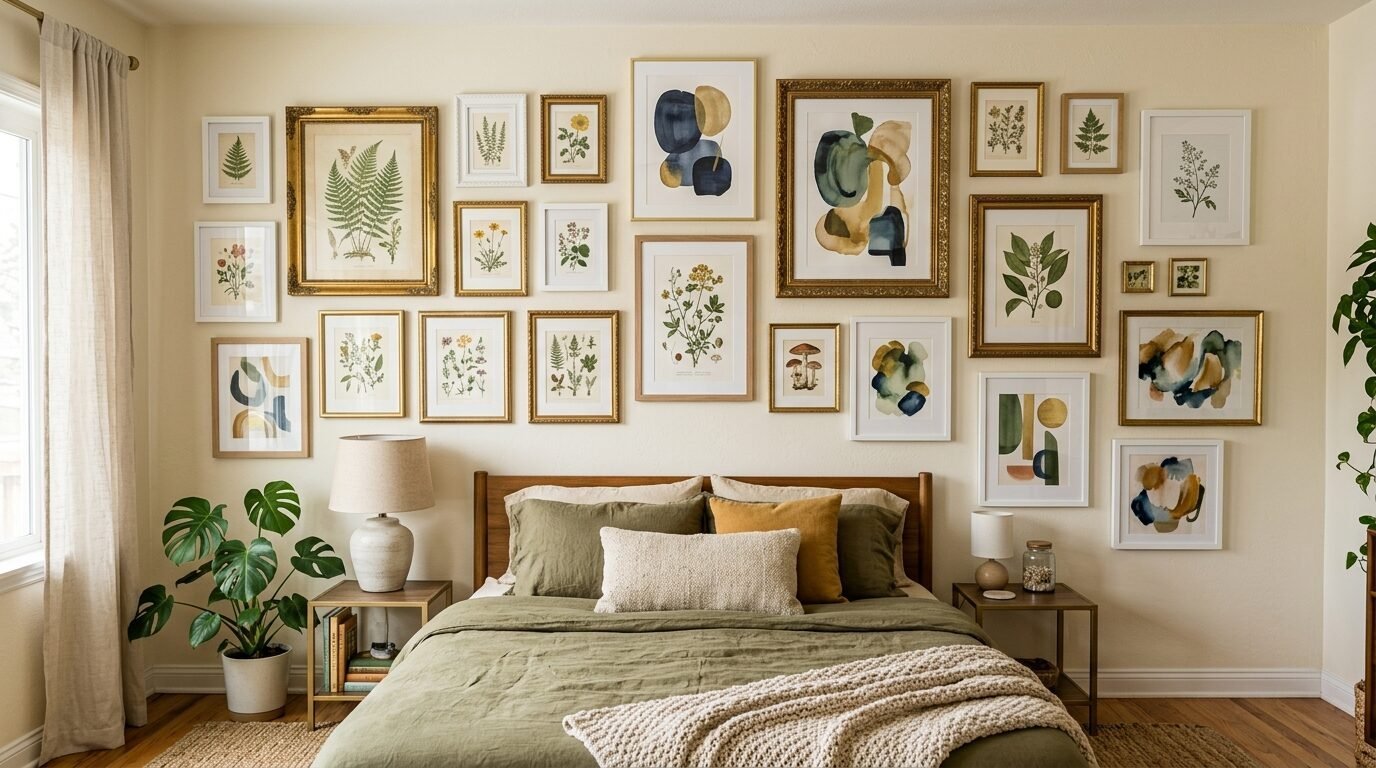 A bedroom wall filled with a collection of framed floral and abstract art prints hung above an olive green bed.