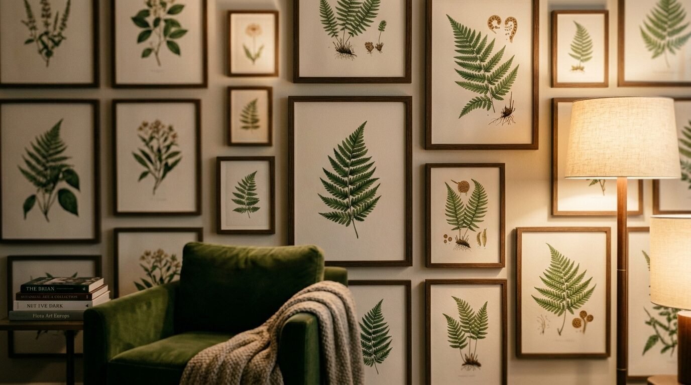 Cozy green reading nook featuring a gallery wall of framed vintage fern illustrations and a floor lamp.