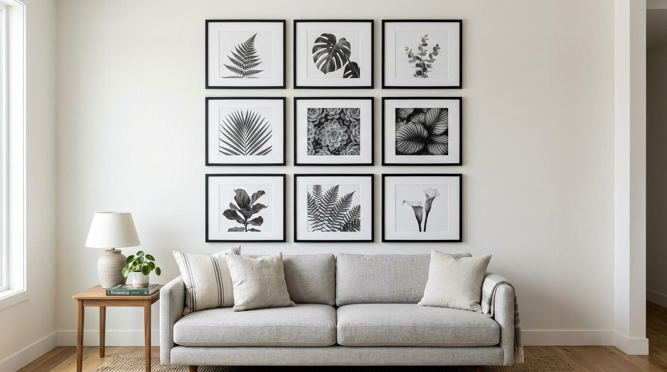 Modern grey sofa positioned under a 3x3 grid of framed black and white nature-themed art.