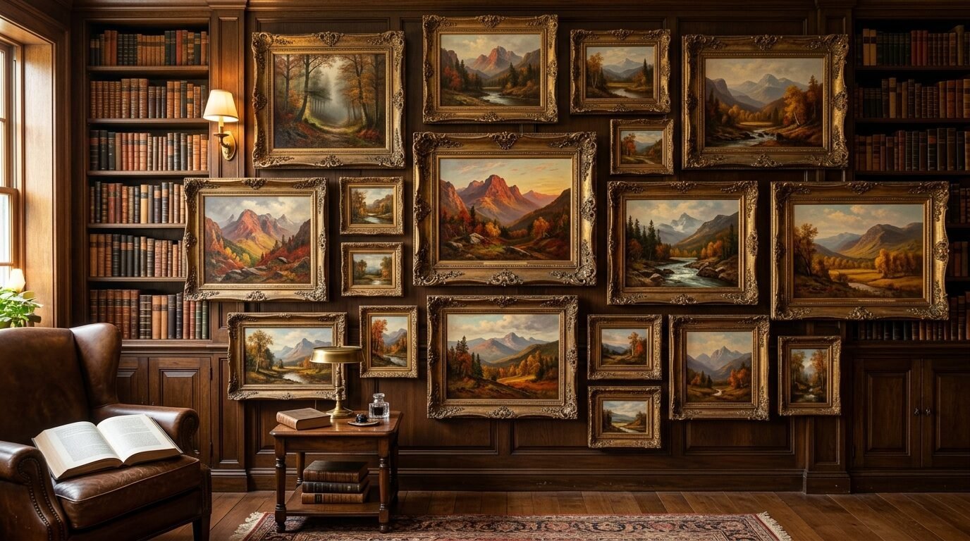 A dark wood paneled library wall featuring many framed landscape artworks surrounding a leather reading chair.