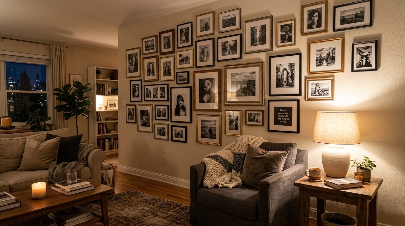 A living room featuring a large gallery wall of various framed black and white photographs above a dark gray armchair.