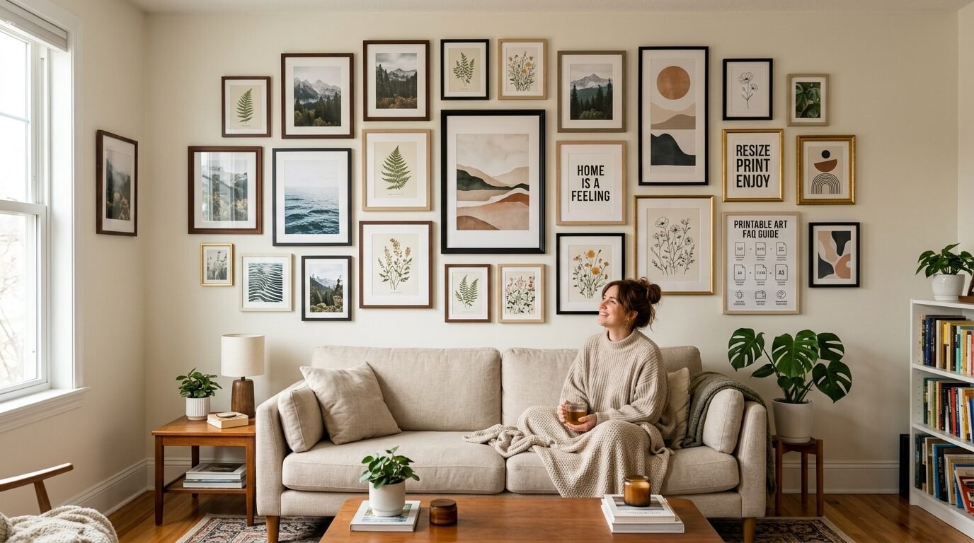 A woman sits on a beige couch with tea, surrounded by a wall decorated with many framed art prints and botanical photos.