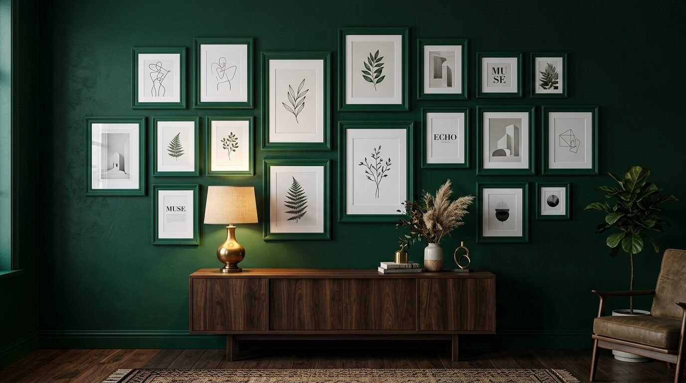 A collection of framed botanical and abstract prints hanging on a deep green accent wall above a mid-century sideboard.