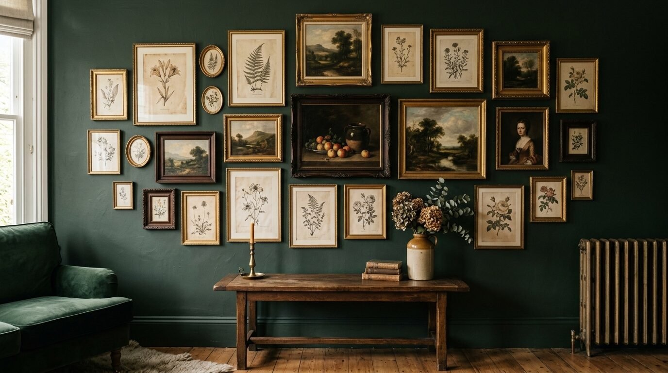 A dark green wall decorated with a large collection of framed vintage art, sketches, and botanical illustrations.