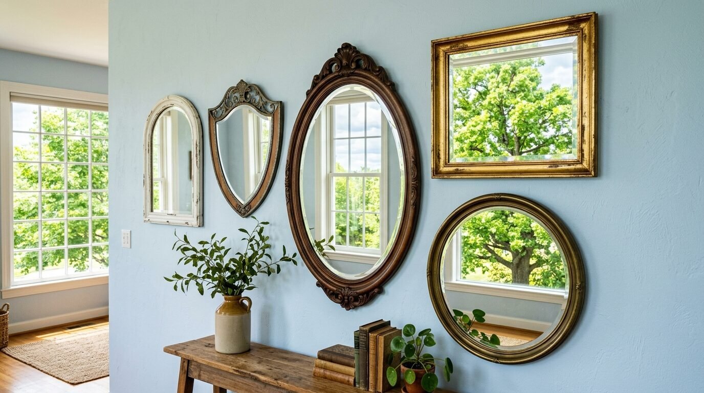 Five different shaped mirrors hanging on a light blue wall above a rustic wooden console table.