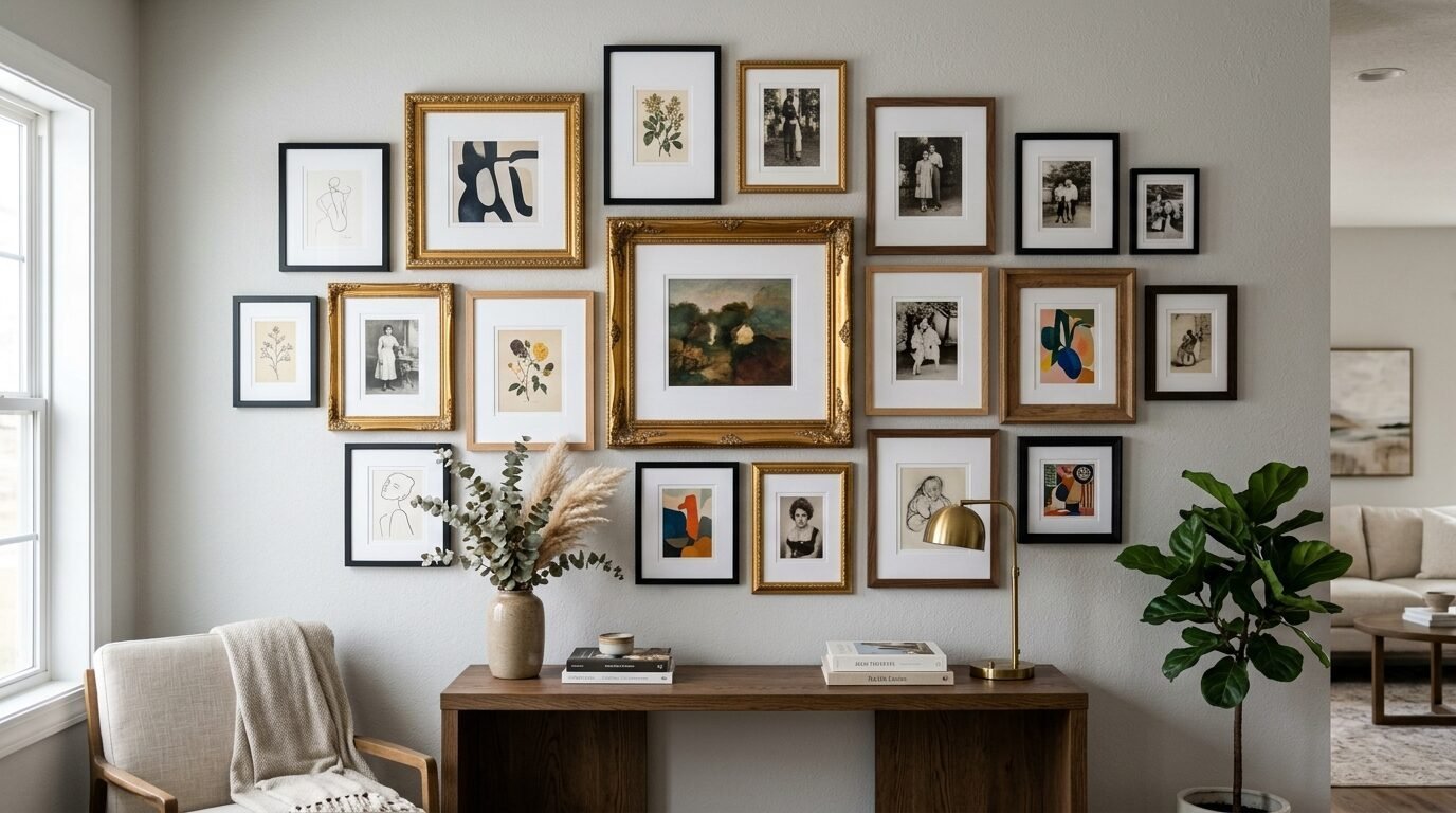 A large gallery wall collection featuring various framed art, photos, and prints above a wooden console table.