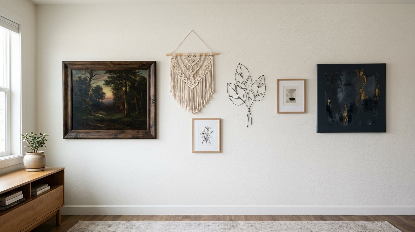 A gallery wall with a landscape painting, macrame, botanical wire art, and modern abstract canvas.