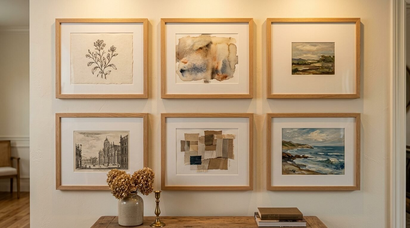 Symmetrical wall arrangement of six framed artworks displayed above a wooden console table.