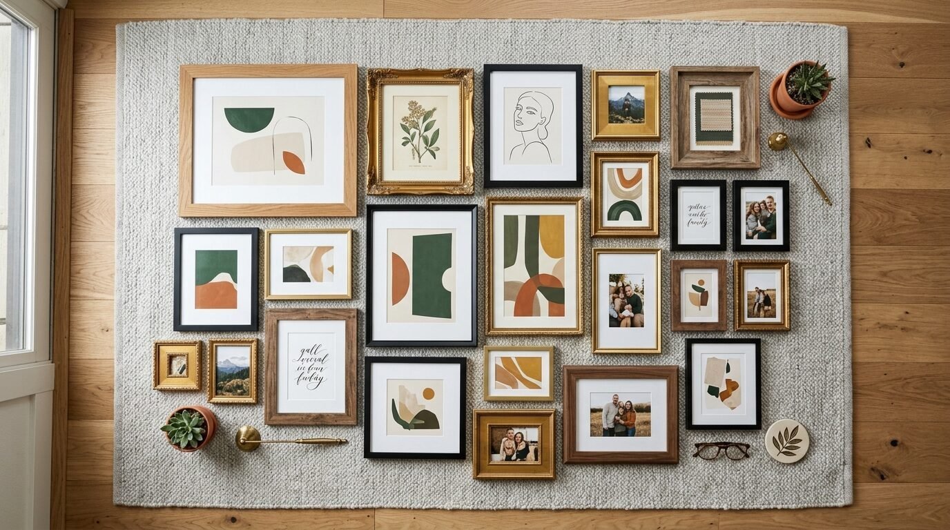 An overhead view of a diverse collection of framed art and family photos arranged on a textured rug.