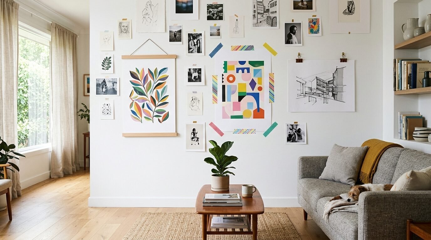 A white wall covered in diverse art prints, drawings, and photographs taped and hung in a cozy, sunlit living space.