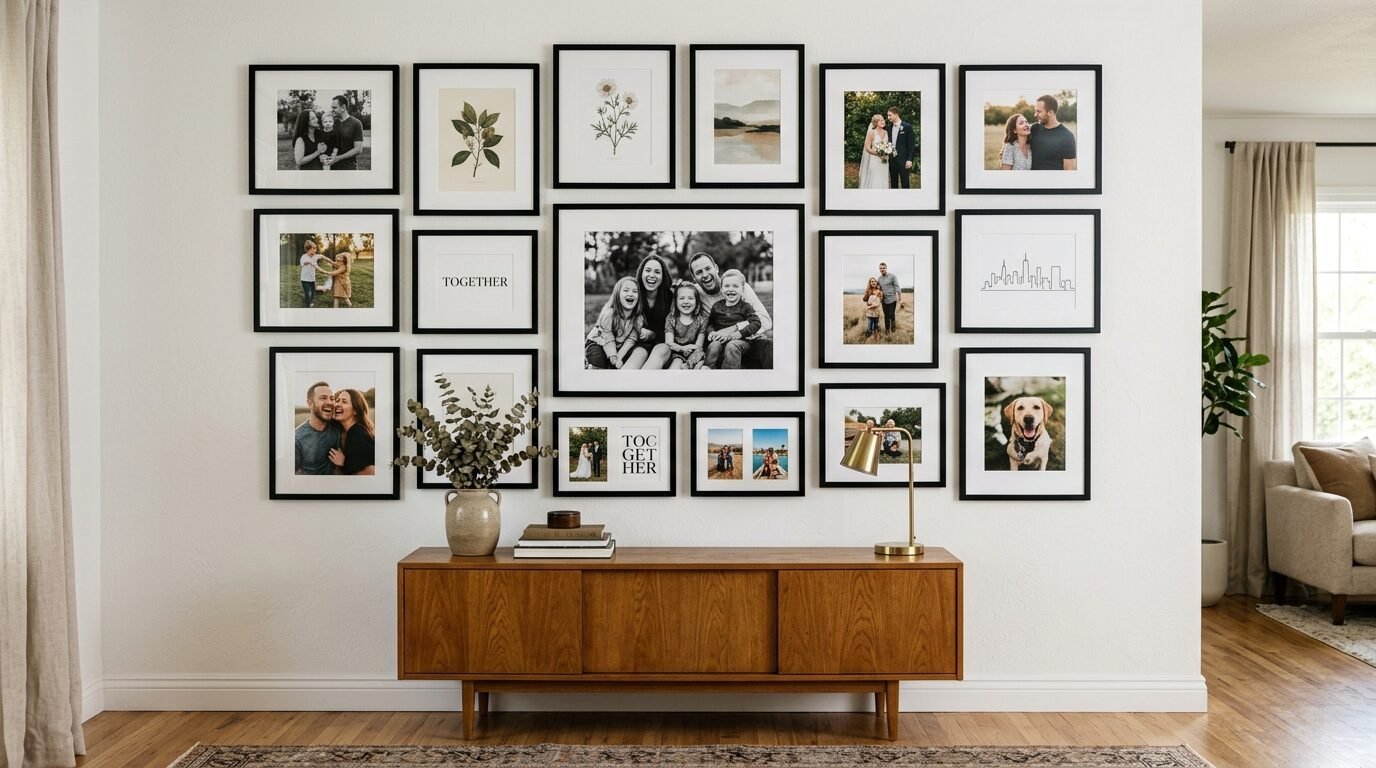 Collection of framed photos and art prints arranged in a gallery style on a white living room wall.