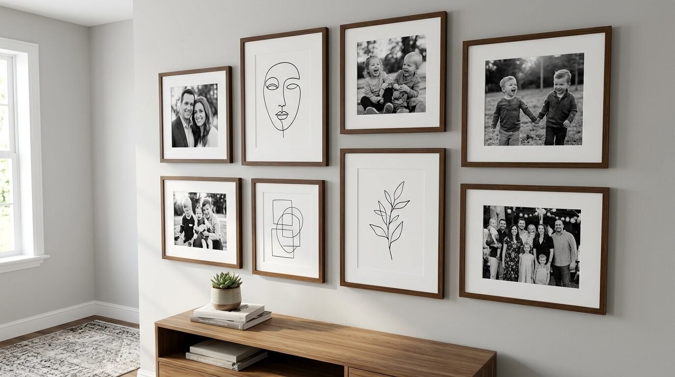 A wooden console table sits beneath a gallery wall of wooden picture frames containing family photos and line art.