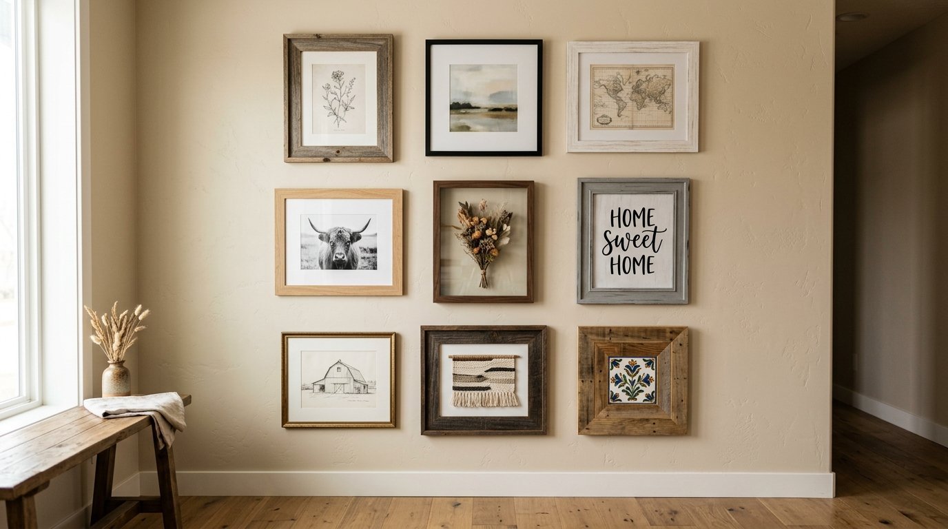 A gallery wall with nine assorted framed pictures, a bench, and a vase of dried stems in a neutral home interior.