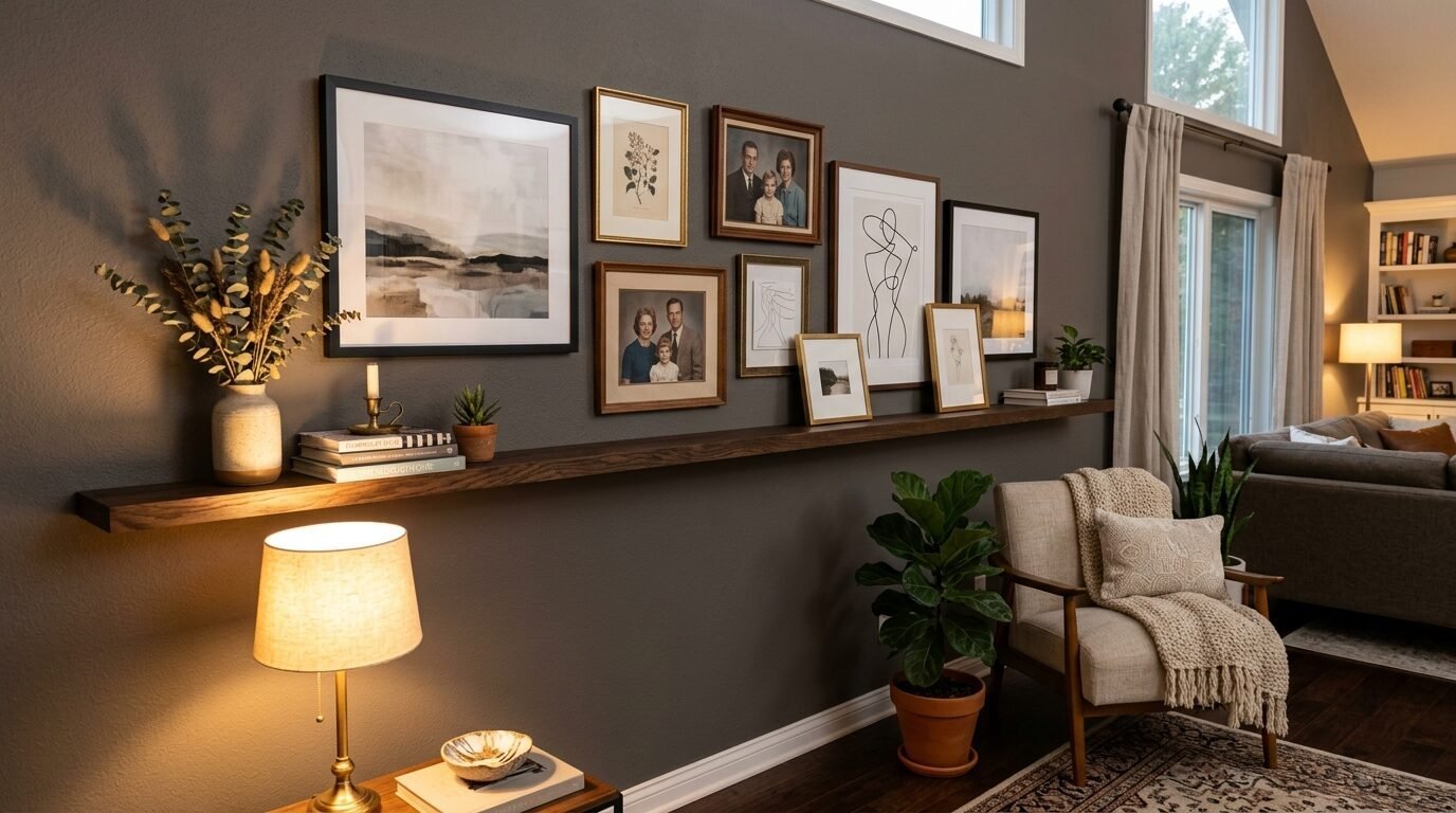 A dark gray wall features a long wooden shelf displaying framed art, family photos, and a vase of dried stems.