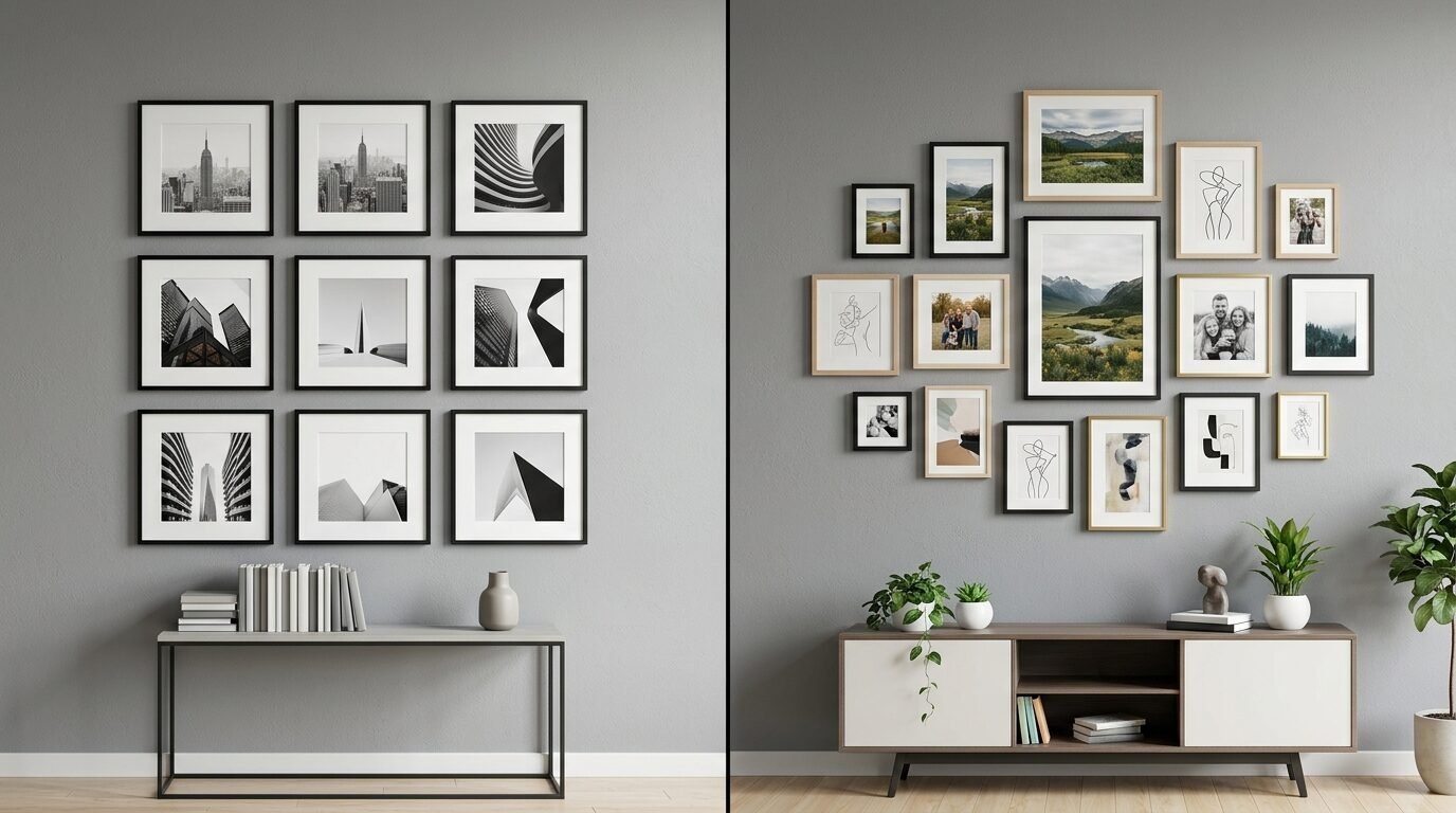 Comparison of a symmetrical black and white photo grid versus an eclectic gallery wall on grey living room walls.