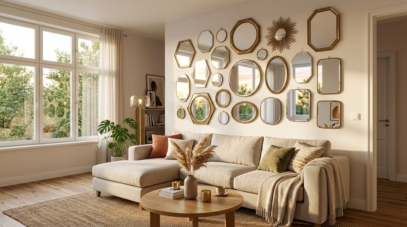 Neutral sectional sofa in a bright room with a gallery wall of various vintage gold-framed mirrors above it.