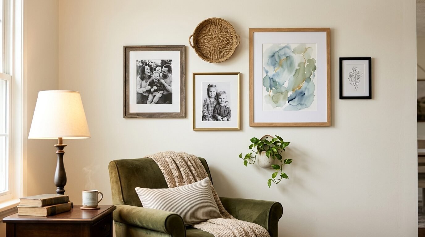 A gallery wall above an olive green chair with a knitted throw, a side table with a lamp, and a wall-mounted plant.