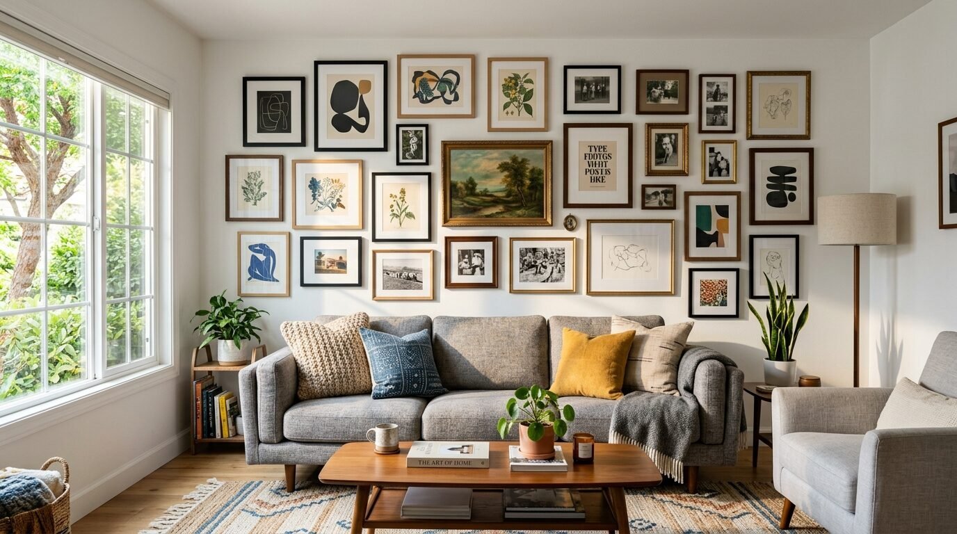 A modern living room features a sofa under a large gallery wall with assorted framed art and prints.