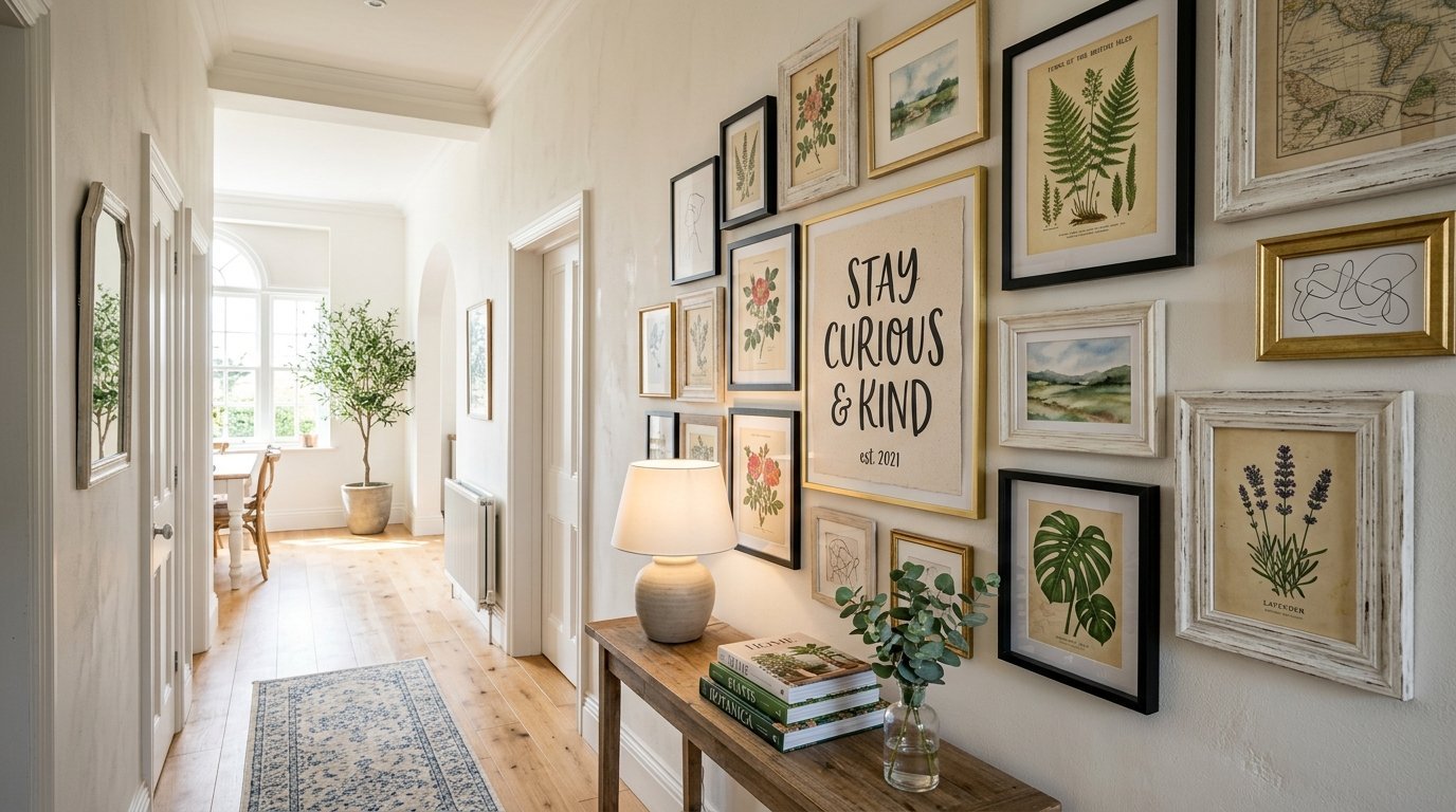 A hallway console table with a lamp and plant beneath a gallery wall of botanical prints and framed art.