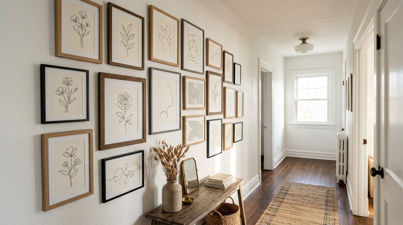 A hallway wall decorated with a collection of framed botanical and abstract line art prints above a wooden console table.