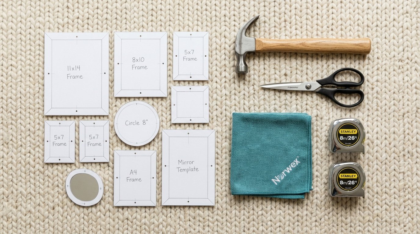 Collection of various paper frame templates, hammer, scissors, tape measures, and a cloth on a knitted background.