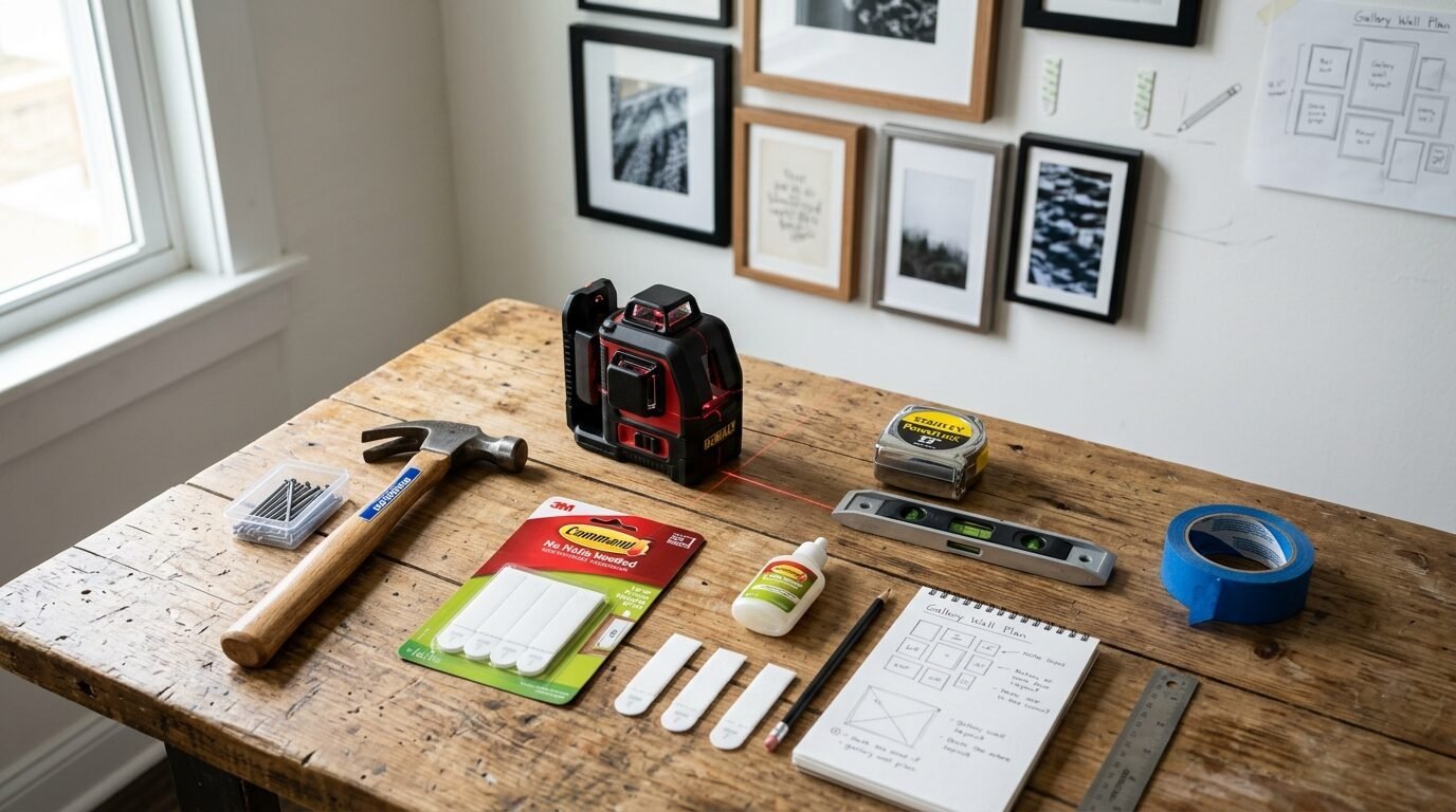A wooden table with a laser level, hammer, tape measure, adhesive strips, and a sketched gallery wall layout plan.