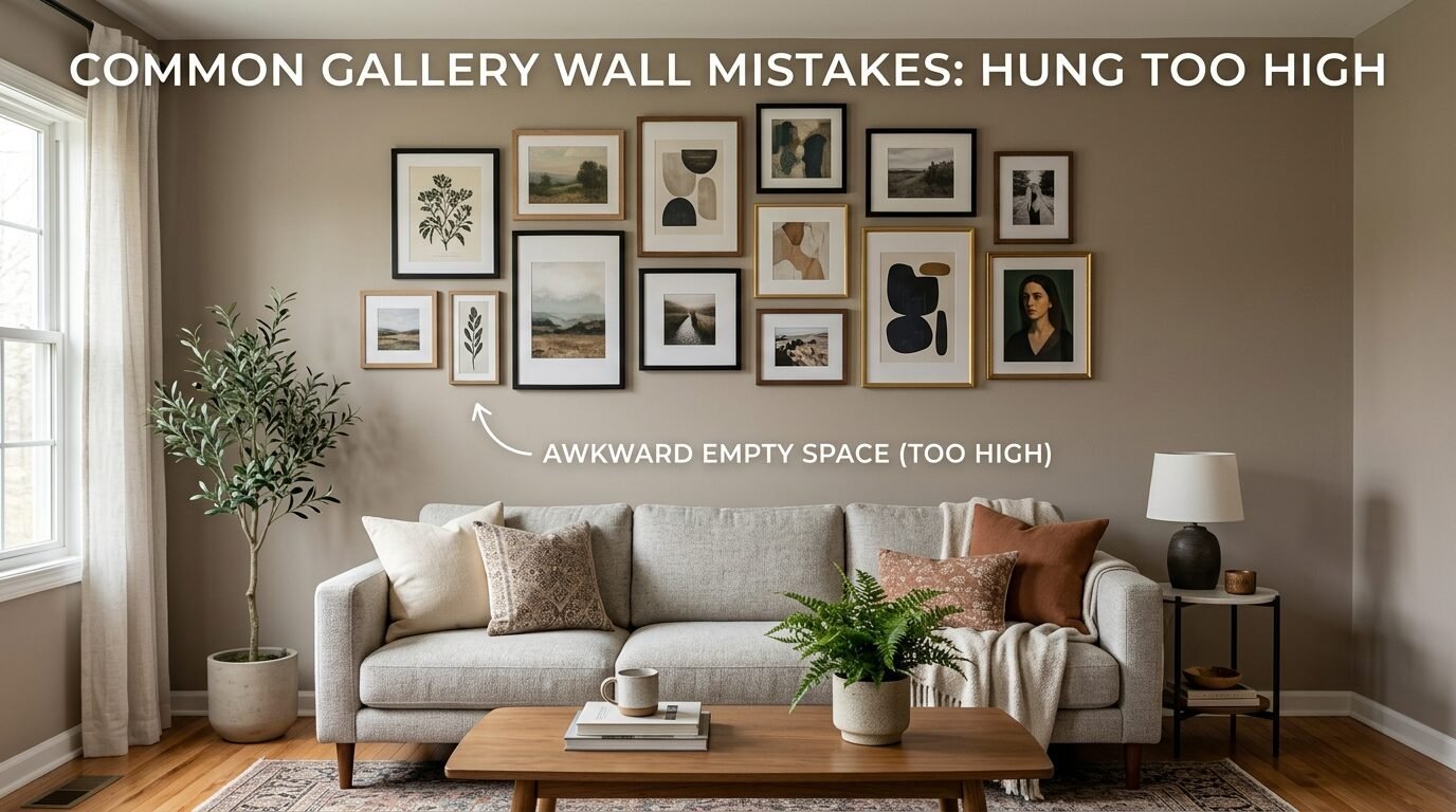 An instructional image showing a framed art arrangement hanging too high on a beige wall above a grey couch.