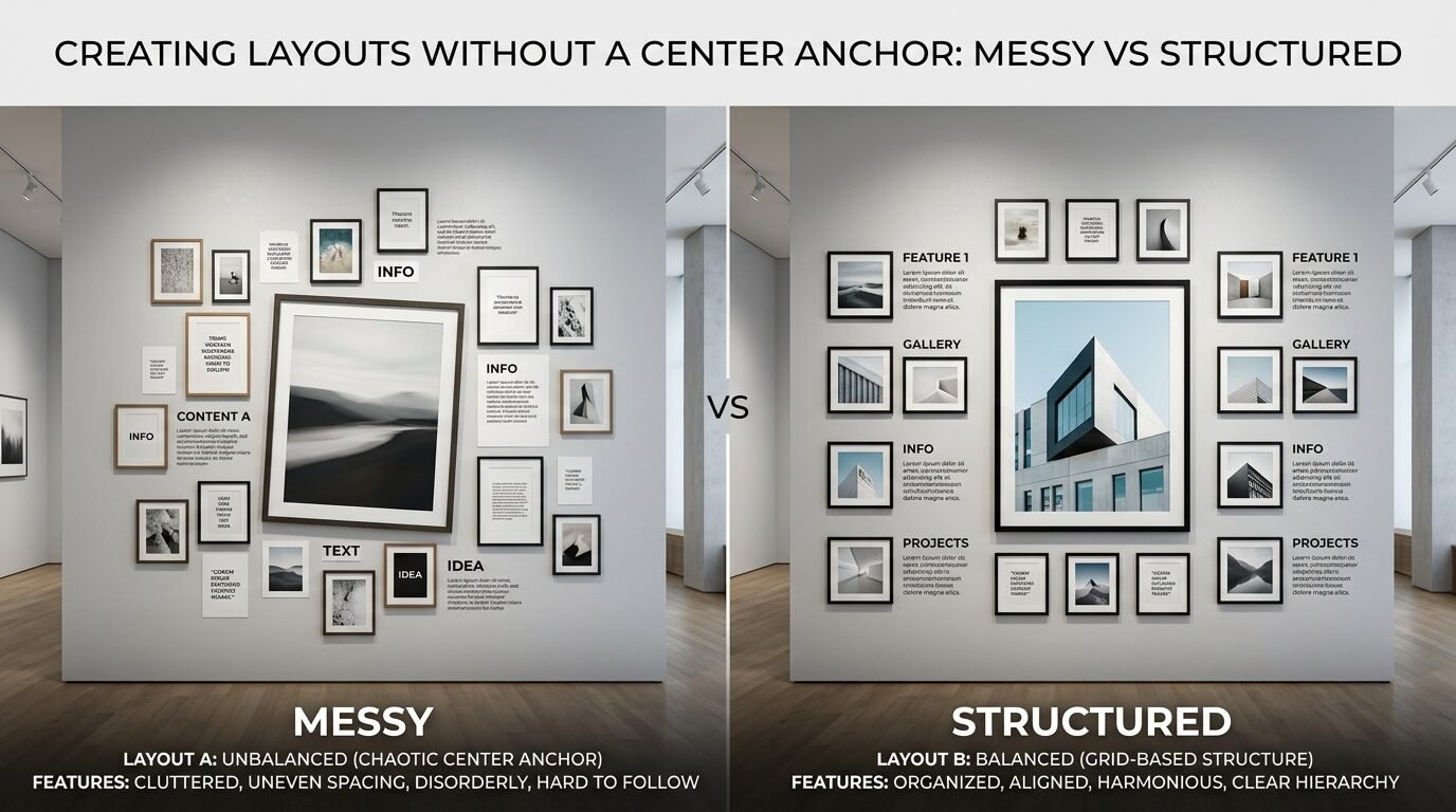 An infographic showing two gallery walls, one with messy, uneven photo arrangements and one with a structured grid.