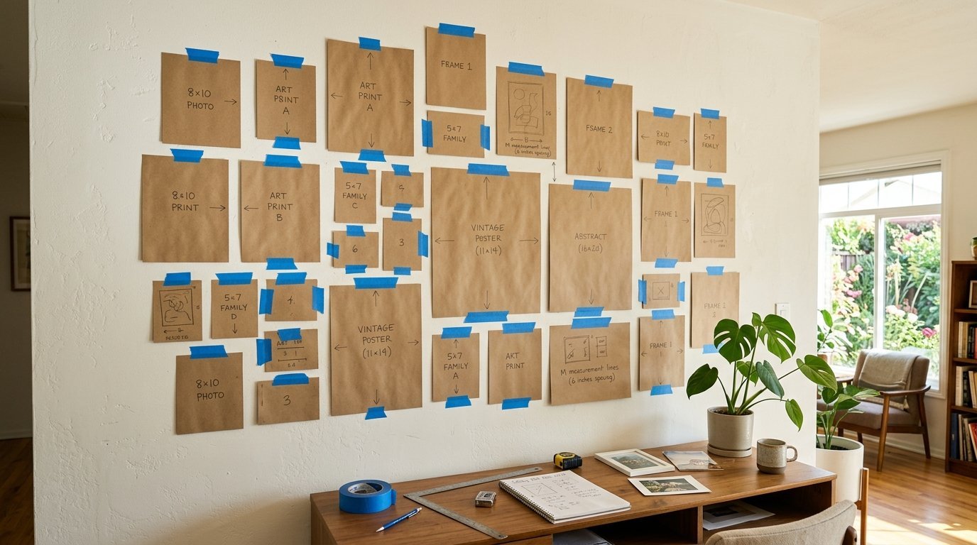 Brown paper rectangles taped to a white wall representing a planned gallery wall layout with measurement labels.