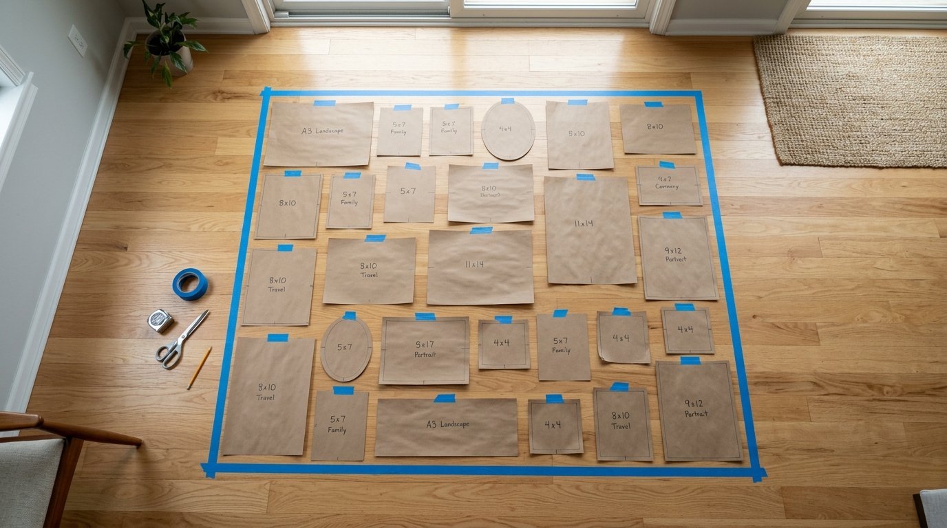 Brown paper shapes taped to a wooden floor to visualize a picture frame gallery wall.
