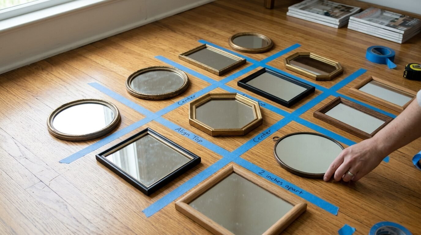 A person arranging various framed mirrors on the floor using blue painter's tape to mark placement.