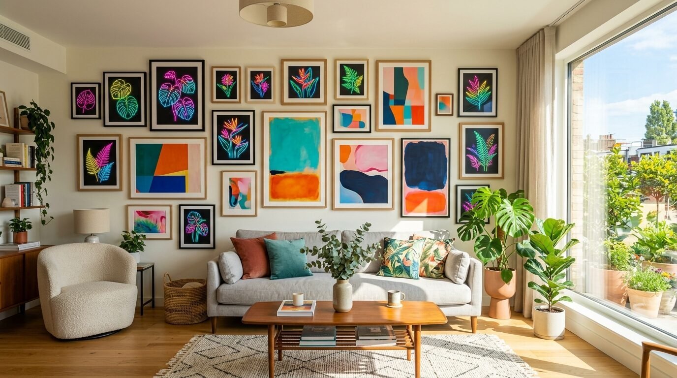 A grey sofa centered in a bright room with a large gallery wall of colorful abstract and neon botanical framed prints.
