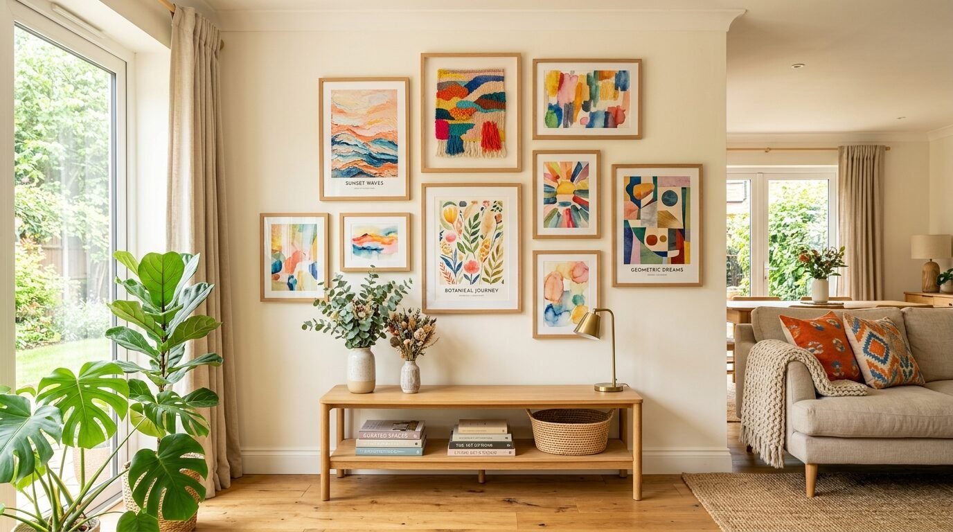 A beige living room wall displays a collection of colorful framed art prints above a wooden console table.