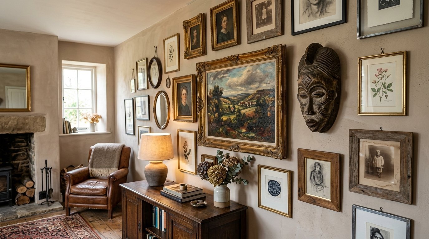 A gallery wall arrangement with framed art, portraits, and a carved African mask above a wooden sideboard.