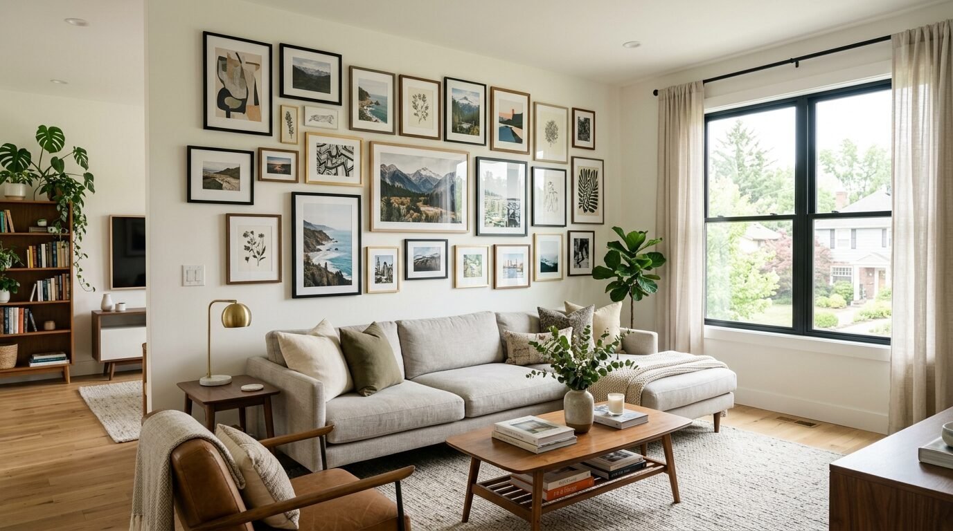 Neutral living room with a large salon-style gallery wall above a beige sectional sofa and wooden coffee table.