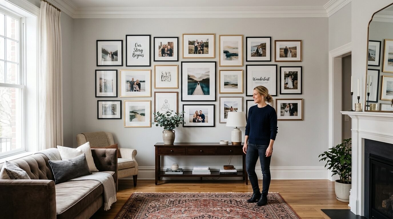 Woman in dark sweater standing in a living room featuring a large arrangement of framed family photos and art.