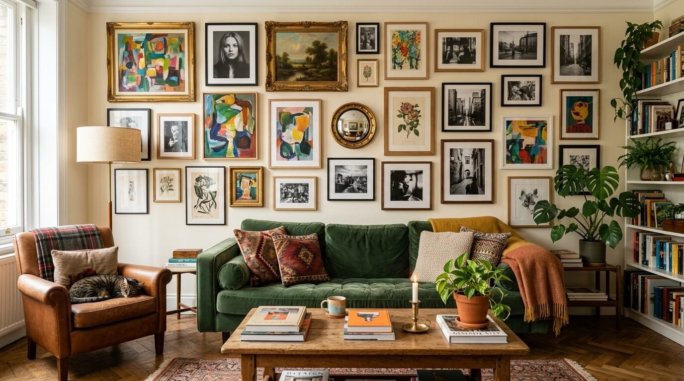 A cozy living room with a green velvet sofa, leather armchair, and wall filled with various framed art prints.
