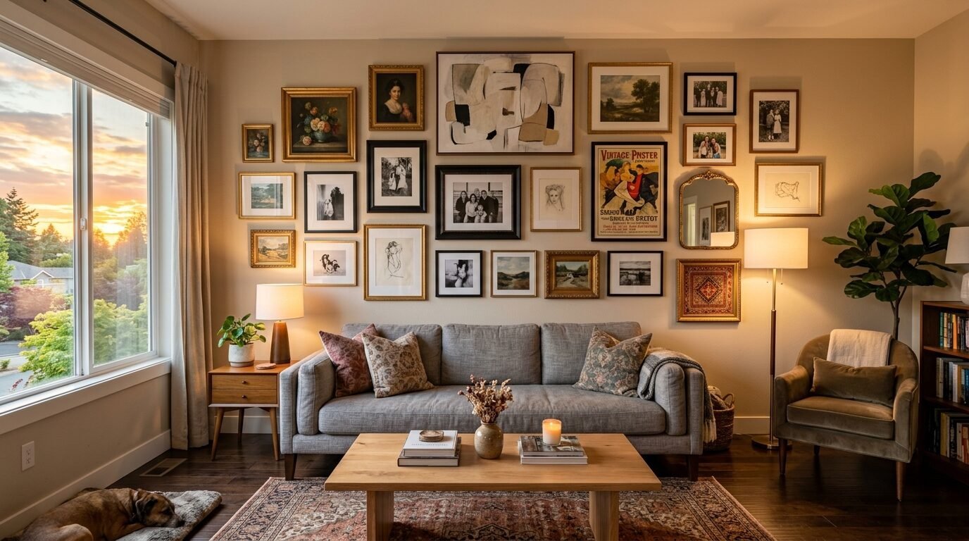 A beige living room wall filled with various framed art prints and photographs above a grey sofa and wood coffee table.