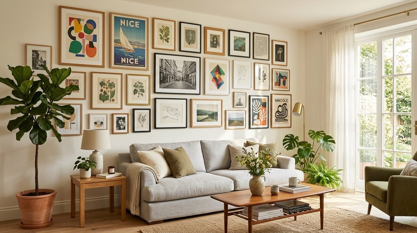 Modern grey sofa placed beneath a curated gallery wall of various framed posters and botanical prints.